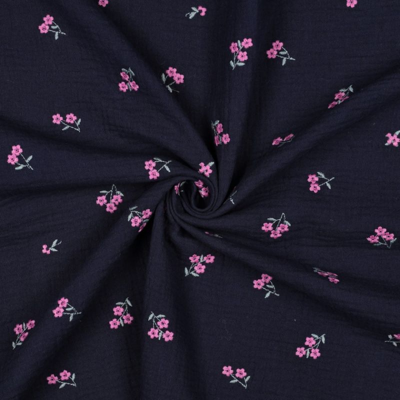Sweet Flower Navy - Brodert Musselin